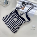 Blue and white striped canvas tote bag with broad shoulder strap and drawstring closure - Blue Stripe