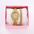 Close-up of a gold rhinestone watch and bracelet set in a luxury pink gift box - Style 13 + Bracelet + Box