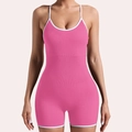 Pink criss-cross yoga jumpsuit with white trim and athletic ribbed knit texture - S / Pink