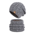 Winter knitted beanie and neck warmer set in grey with warm fleece lining and logo - 2-Piece Set (Hat + Scarf) / Mixed Black Grey