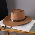 Brown wool felt cowboy hat with bold black stitching and turquoise beaded leather band - Khaki