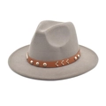 Detail of grey wool felt fedora featuring brown leather band with metal rivets - Light Gray