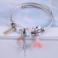 Ethnic stainless steel evil eye charm bracelet with pink tassel and handmade charms - Pink