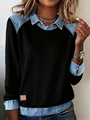 Women's black knit sweater with light blue denim patchwork collar and cuffs on model - S / Black