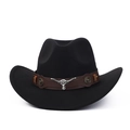 Detail of black felt cowboy hat featuring leather band and silver bull head emblem - Black (Brown Leather Band)