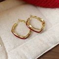 Elegant gold square earrings with red enamel detail on textured beige fabric - 54# Gold Red Contrast Geometric Square Hoop