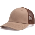 Brown and dark brown mesh trucker hat with curved brim and breathable polyester back - Khaki + Coffee