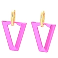 Pink triangle pendant earrings with gold hoops on a clean white background - Rose Red