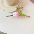Haarklammer mit rosa Tulpenblüte und grünen Blättern auf goldfarbener Metallbasis - Tulpen Blumen Haarkralle (13# Goldene Haarkralle)