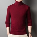Slim fit men's turtleneck knit sweater in deep burgundy red with long sleeves - M / Burgundy