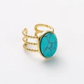 Anello vintage in acciaio inossidabile dorato con turchese ovale e fascia a perline - R01031-Oro Turchese Ovale-Bordo a Tripla Perlina