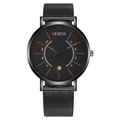 All-black Geneva quartz watch with orange hour markers and a sleek mesh strap for men - Orange Hands Black Dial Black Case Black Band