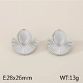 Silver stainless steel square stud earrings with oval cat eye stone and fan texture - 28x26mm / Steel Style 2 (KE115221-KFC)