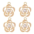 Detailed view of four golden flower pendants with inlaid pearls and zircons for jewelry making - Hollow Five-Petal Flower Pearl (px1086-18)