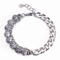 Detail of double-layer men's bracelet with silver stainless steel chain and natural grey stone beads - Map Stone Bracelet