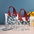Transparent PVC gift bag set with daisy prints and red ribbon handles in two sizes - Burgundy Print / 20x18x10cm