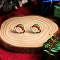Cute wooden Christmas elf stud earrings in festive red and green on a rustic wood base - Cartoon Elf