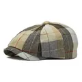 Plaid newsboy cap in beige and brown check pattern with octagonal button top - One Size (Elastic) / Coffee Plaid