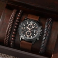 Men's SOKI watch set with black dial, brown leather strap, and beaded bracelets - Brown Leather Strap Set S00201 (Watch And Bracelets)