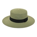 Close-up of fine straw weave and black satin ribbon on bean green flat top boater hat - M (56-58cm) / Army Green