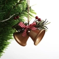Detail of Christmas iron bells with red berries, pine needles, and a checkered bow - Gold Double Bells (Small)