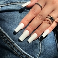 Matte pure white long square press-on nails shown on hand with denim background - Matte Pure White Long Square Shape (JP1981)