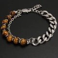 Men's double-layer bracelet with silver Cuban chain and brown tiger eye stone beads - Yellow Tiger Eye
