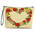 Canvas makeup bag in beige featuring a floral heart wreath and black wrist strap - Rose Wreath Heart Print (With Wrist Strap)