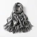 Silver metallic glitter scarf with delicate fringe edges and shimmering finish for women - Medium Grey