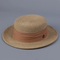 Classic boater straw hat with orange pleated ribbon and metal detail on gray background - M (56-58cm) / Orange