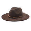 Dark brown wide brim suede fedora hat with skull buckle and leather braided band - M(56-58cm) / Brown
