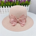 Pink straw sun hat for women featuring a plaid bow decoration and woven texture - M (With Windproof Rope) / Light Pink