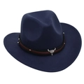 Detail of blue wool felt cowboy hat with leather braided band and silver bull skull buckle - Kids One Size(52-54cm) / Navy Blue (Bull Head)