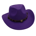 Detail of dark purple cowboy hat with brown leather belt and vintage metal buckles - Purple (with Decorative Band)