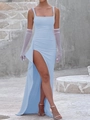 Elegante abito lungo da sera celeste con spacco alto e spalline scoperte sulla schiena - XS / Celeste