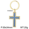 Golden stainless steel cross keychain with unique blue woven fiber inlay detail - Gold Cross Blue Woven Texture Style (KY1197-Z)