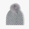Dark grey knitted beanie with silver striped thread and a fluffy faux fur pom-pom - Light Gray