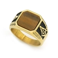 Bague vintage franc-maçon en acier titane pour homme avec pierre œil de tigre - US 7 / Or-Œil de tigre