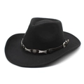 Classic black wool felt western cowboy hat with studded brown leather band decoration - M (56-58cm) / Black