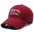 Unisex burgundy cotton baseball cap with white embroidered letters and curved brim - Adjustable / Red
