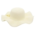 Detailed texture of beige raffia sun hat featuring white wavy lace trim and satin ribbon - Cream
