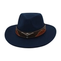 Navy wool western cowboy hat with brown leather band and silver bull head metal ornament - One Size / Navy Blue with Bull Head