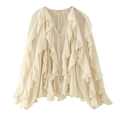 Elegant beige V-neck blouse with layered ruffles and sheer long sleeves for summer style - XS / Off White