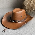 Cappello da cowboy marrone vintage con fascia di perline turchesi e sottogola - M(56-58cm) / Decorazione della Cintura Turchese (jsm007) / Cammello
