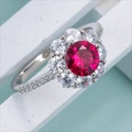 Elegant silver ring featuring a large round red gemstone surrounded by a sparkling halo - Ring