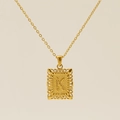 Gold plated square pendant necklace with vintage letter K engraving and patterned border - Letter K
