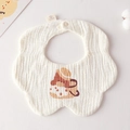 Cotton gauze petal baby bib in cream white featuring a cute cartoon bear and snap closure - Gauze Flower Scarf - Hat-wearing Brown Bear