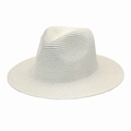Detail of woven white straw sun hat featuring shimmering silver thread and fedora style - Pure White