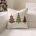 Christmas tree embroidered pillow cover in cream white with colorful snowflake patterns - White Three Christmas Trees/White