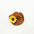 Close-up of a brown felt mini wine bottle hat featuring a yellow sunflower and green leaves - Sunflower / Brown